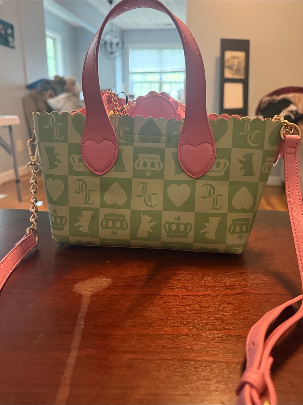 Juicy Couture Green Checkerboard Crossbody with Pink Handles